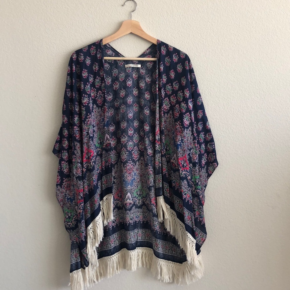 EUC OSFA Fringe Multicolored Navy Print Kimono